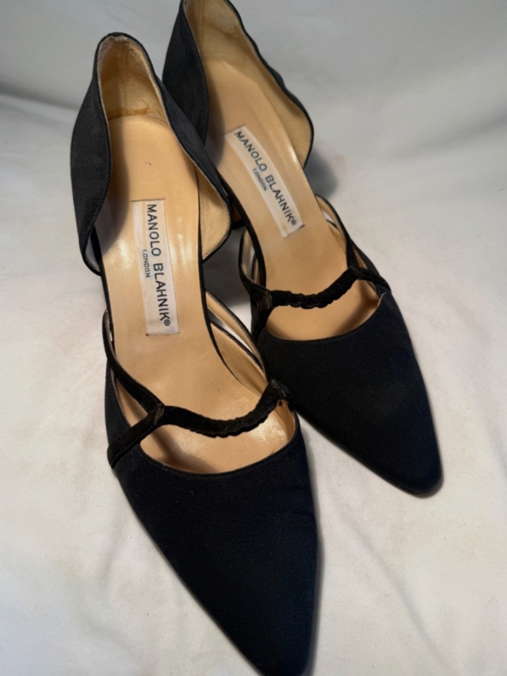Vintage Manolo Blahnik Black Satin D'Orsay Kitten Heels Size 38.5